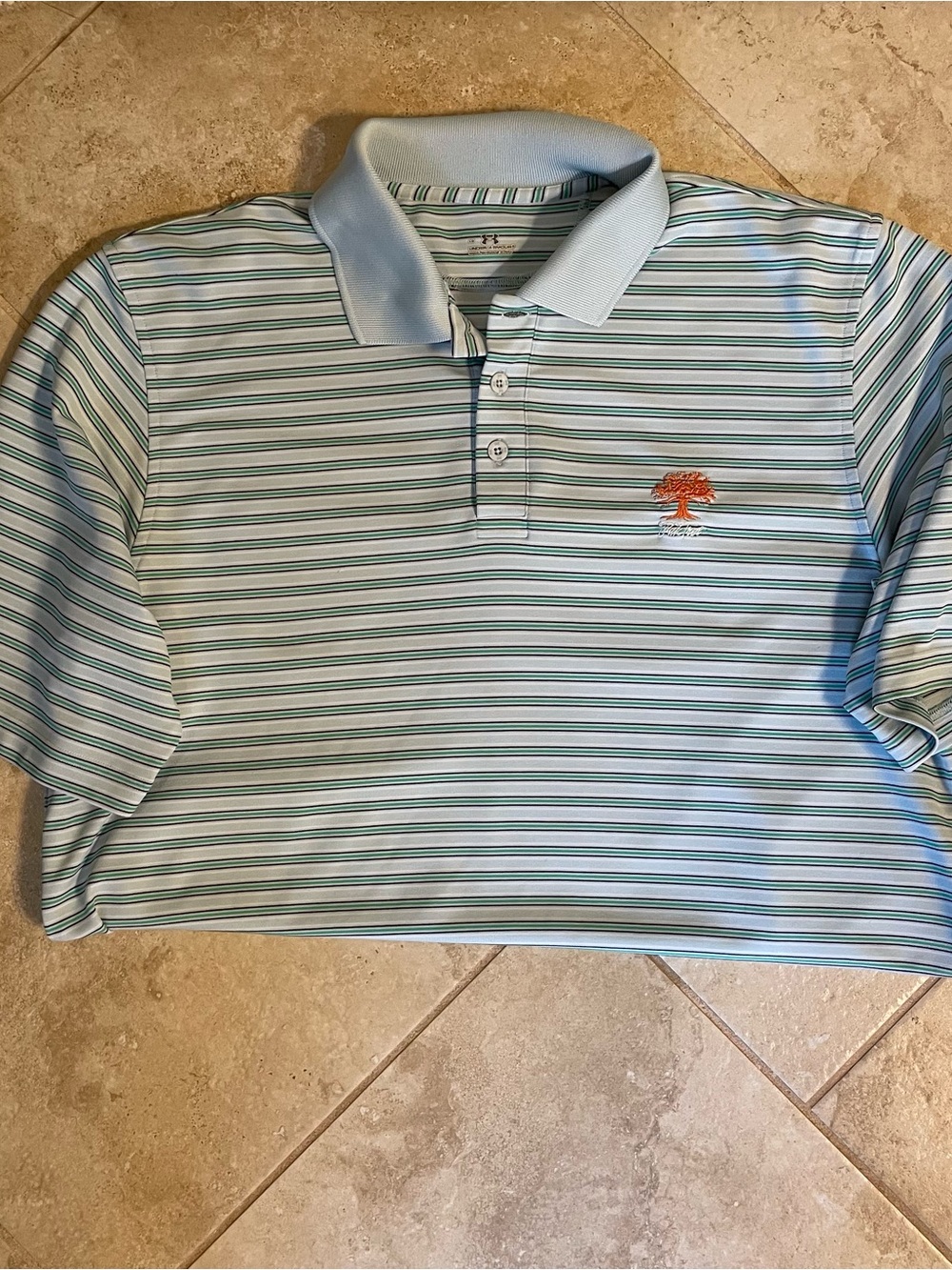 LG Light Blue and Green Striped Under Armour Polo with Oak Tree Logo
